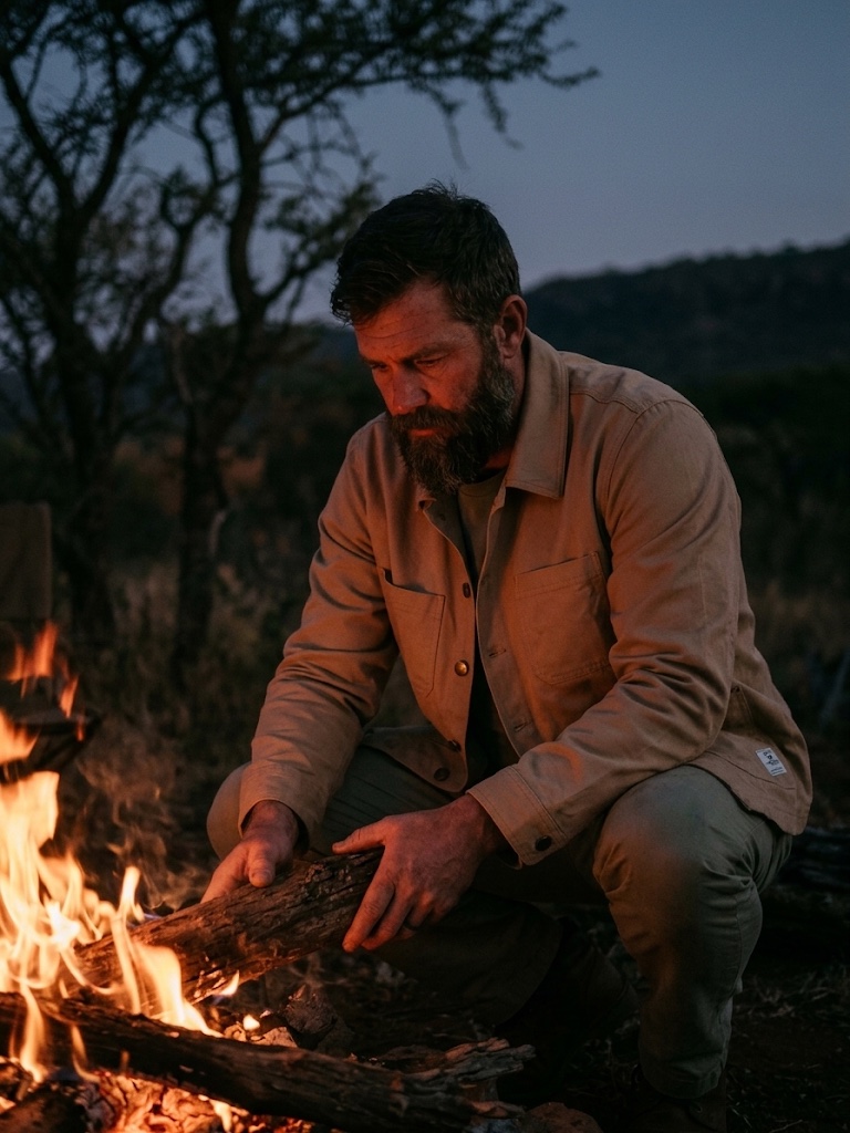 The Chore Jacket at a campfire at dusk, feeding the fire.