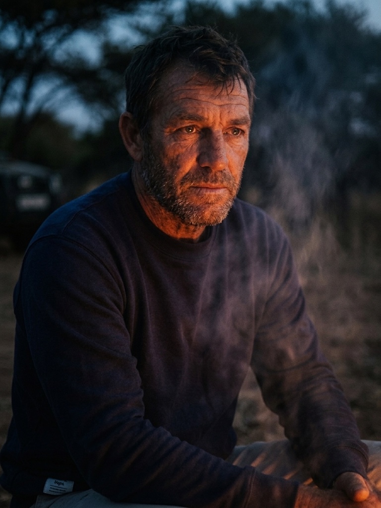 The navy sweater by firelight.