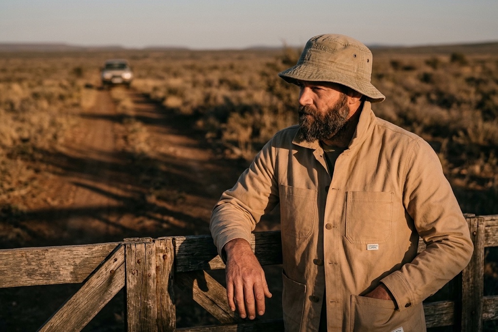 The Chore Jacket and bucket hat at a Karoo farm gate in the last light.